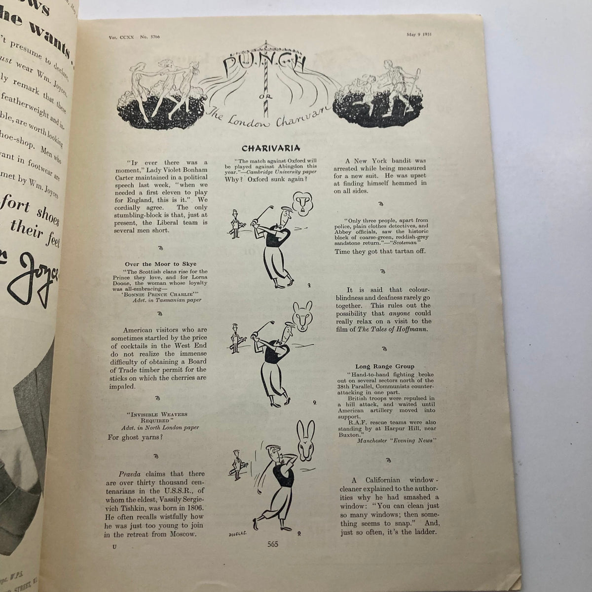 Inside page of Punch Magazine, May 9, 1951, Volume 220, No. 5766, showcasing satirical content and cartoons typical of the publication.
