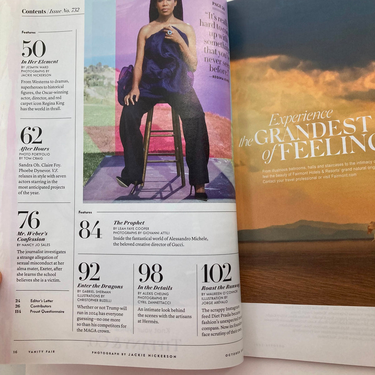 Inside page of Vanity Fair Magazine October 2021 No. 732, displaying the contents and articles including features on Regina King and contemporary cultural discussions.