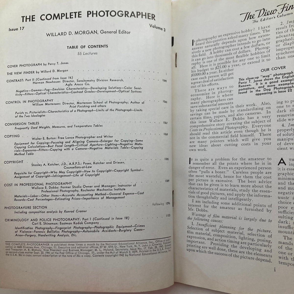 The Complete Photographer Magazine February 28 1942 - Table of Contents revealing articles and topics on photography techniques, historical insights, and professional practices in photography from the 1940s.
