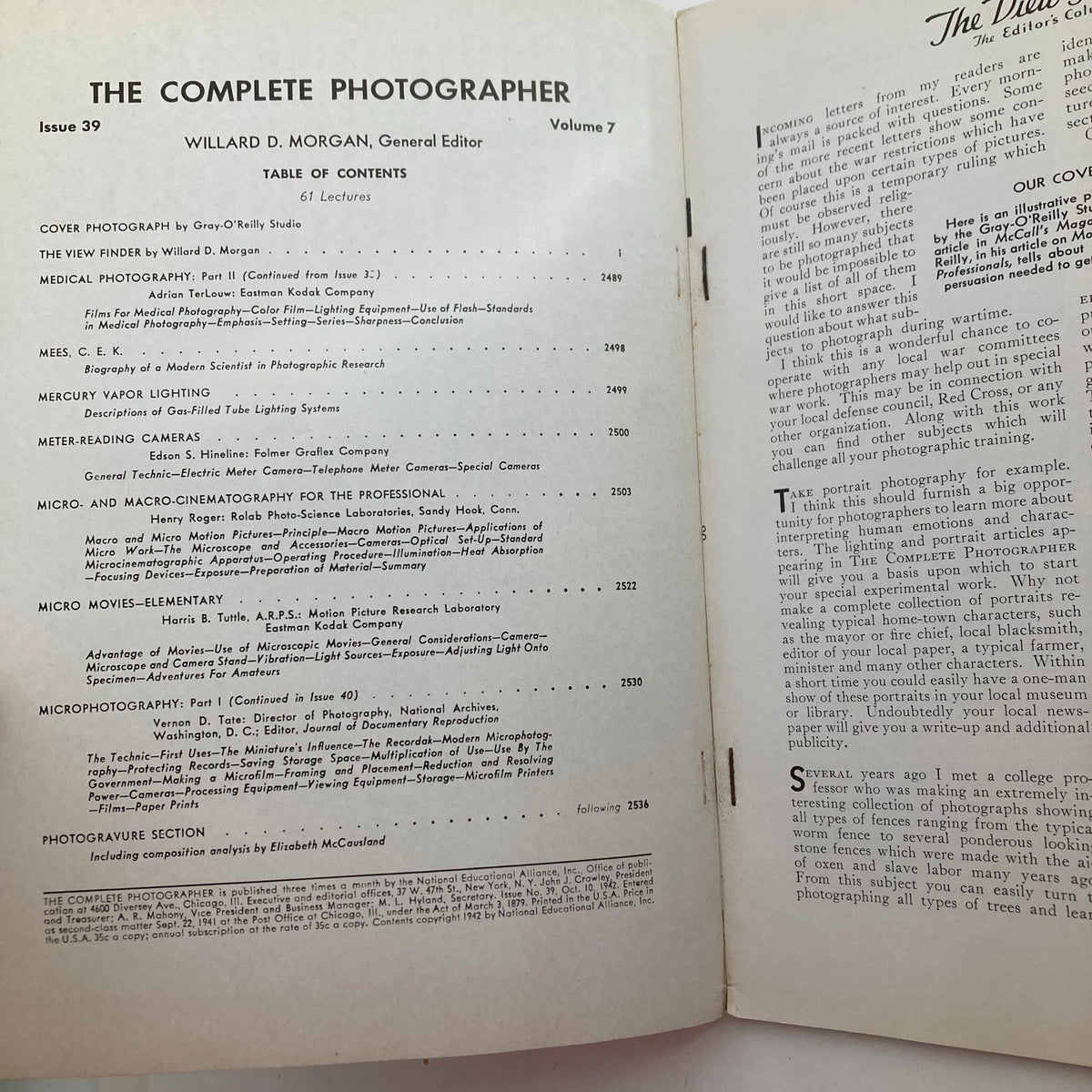 Table of contents page from The Complete Photographer Magazine, Issue 39, detailing articles on medical photography and micro-cinematography.