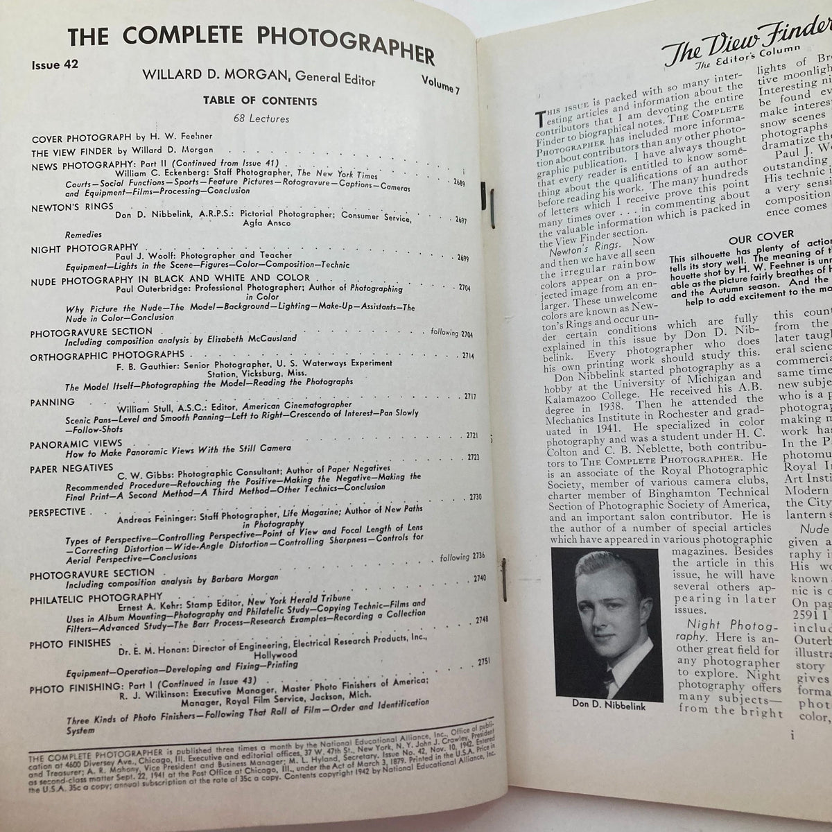 Inside page of The Complete Photographer Magazine, November 10, 1942, displaying the table of contents, including sections on Newton's Rings and various photography topics.