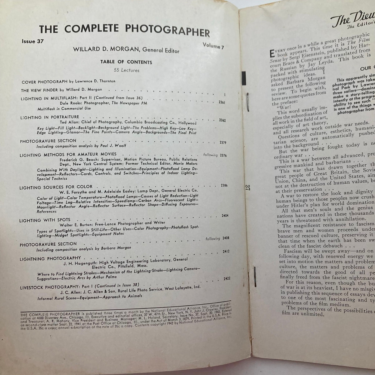 Interior page from The Complete Photographer Magazine September 20, 1942, displaying the table of contents for various photography lectures including lighting methods and techniques.