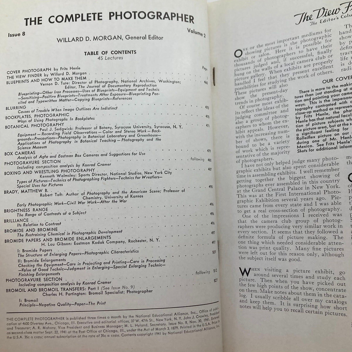 Inside page of The Complete Photographer Magazine, November 30, 1941, showcasing the table of contents with various photography topics and notable contributors like Matthew B. Brady.