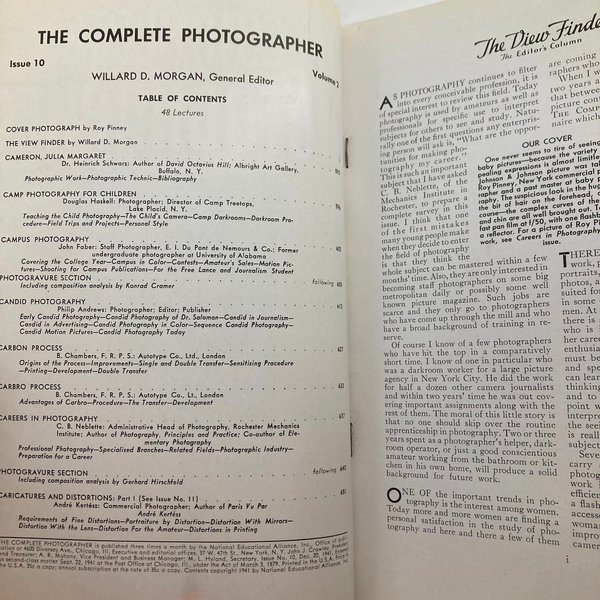 Inside page of The Complete Photographer Magazine, December 20, 1941, displaying the table of contents and articles focusing on various photography techniques and notable photographers.