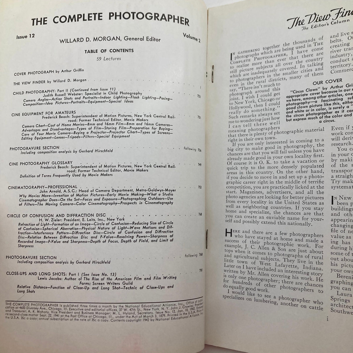 Inside page of The Complete Photographer Magazine January 10, 1942 displaying the table of contents, highlighting various lectures and photography topics.