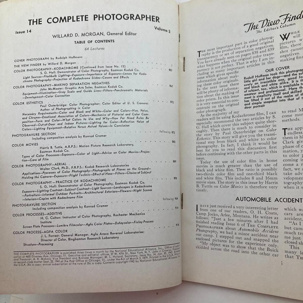 Interior pages of The Complete Photographer Magazine January 30 1942, showcasing the table of contents and articles related to color photography and esthetics.