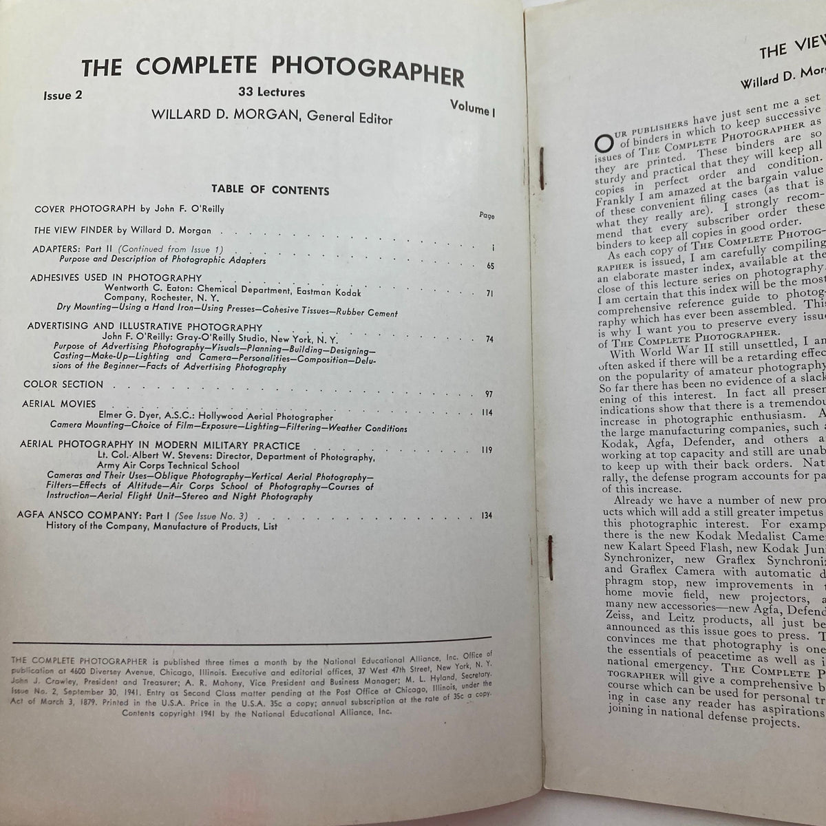 Inside pages of The Complete Photographer Magazine, September 30, 1941, showing the table of contents and editorial information.