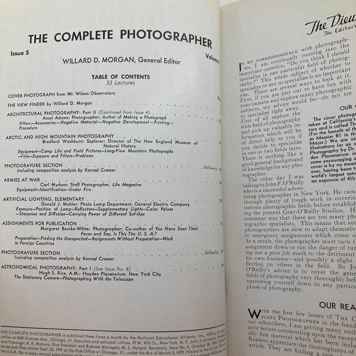 Interior page of The Complete Photographer Magazine, Issue 5, showing the table of contents including sections on 'Arctic and High Mountain Photography' and 'Armies at War'.