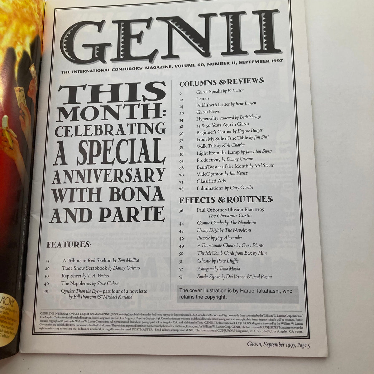 Table of contents from Genii The Conjurors' Magazine, September 1997 - The Napoleons, featuring articles, columns, and effects related to the world of magic.