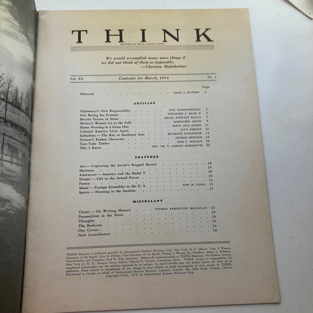 Contents page of VTG Think Magazine March 1954 Vol 20 No. 3 listing articles and features including 'Our Bering Sea Frontier', showcasing the magazine's editorial structure and key themes.