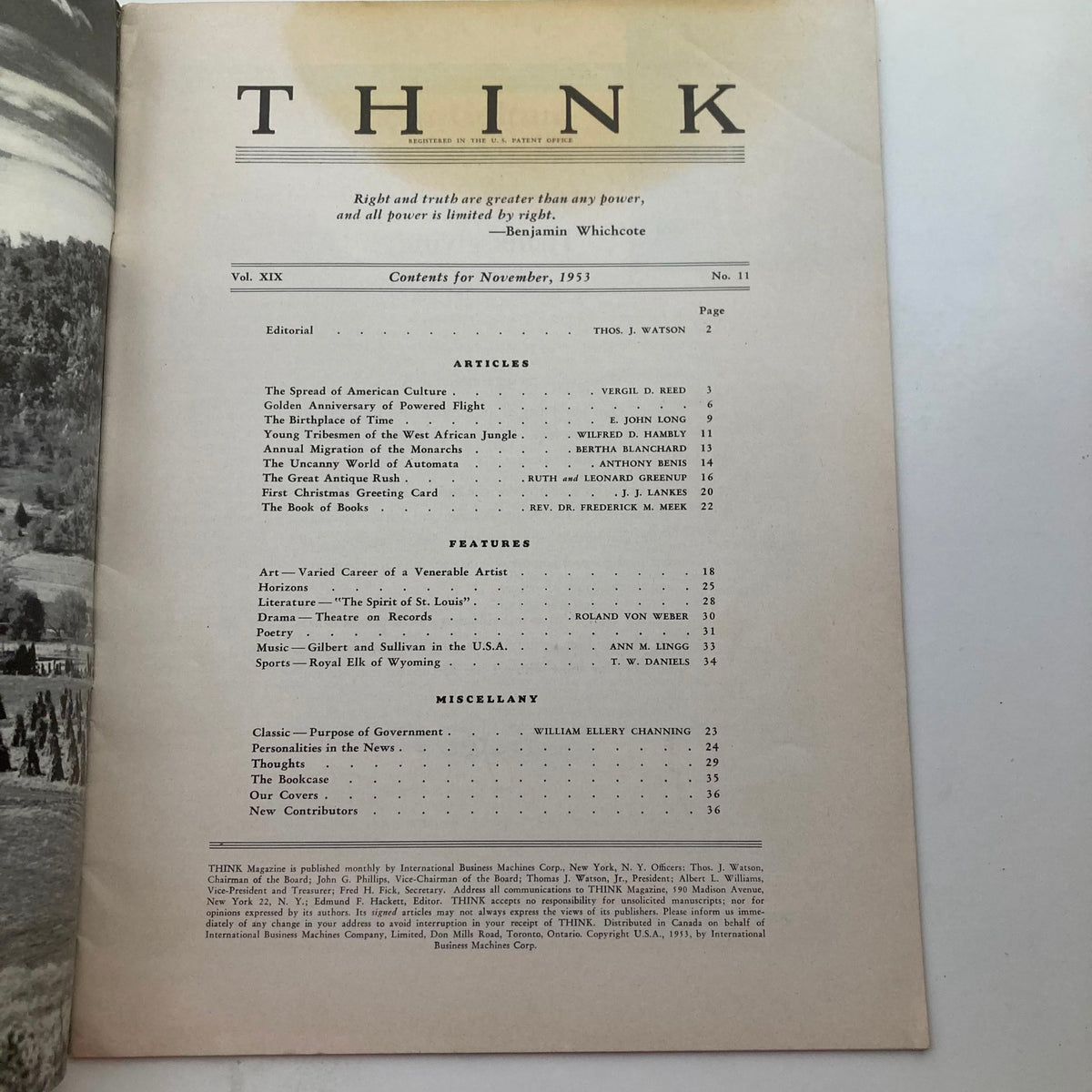 Interior page of VTG Think Magazine November 1953 Vol 19 No. 11 showing the table of contents with featured articles and topics including 'The Birthplace of Time', historical insights, and cultural themes from the 1950s.