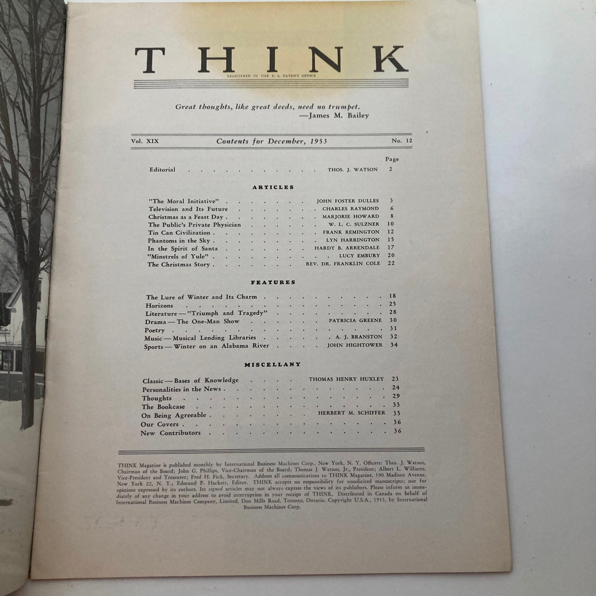 Interior page of VTG Think Magazine December 1953, showcasing table of contents with listed articles and features, Vol 19 No. 12.