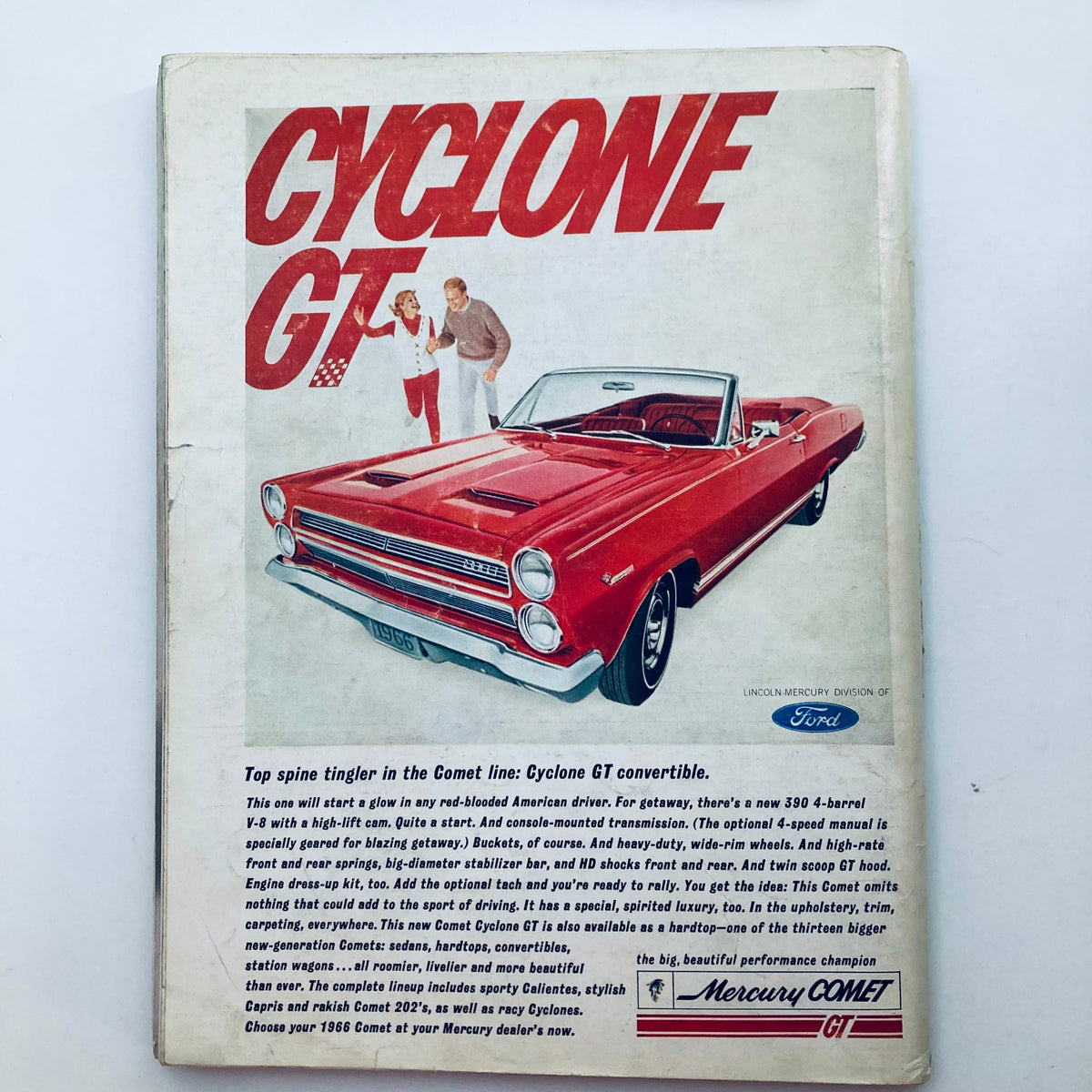 Back cover of VTG Playboy Magazine December 1965 Vol 12 No. 12 featuring an advertisement for the Mercury Cyclone GT.