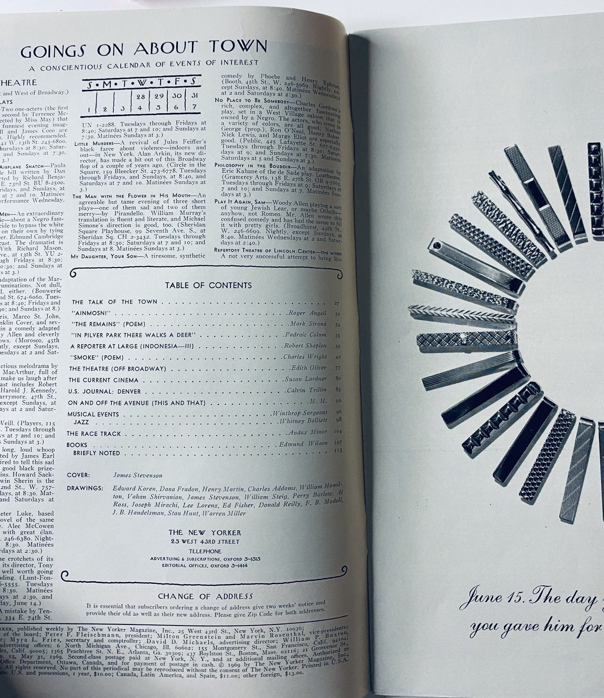 Interior page of The New Yorker Magazine May 31, 1969 showing the table of contents and events calendar, highlighting the content listings by various authors.