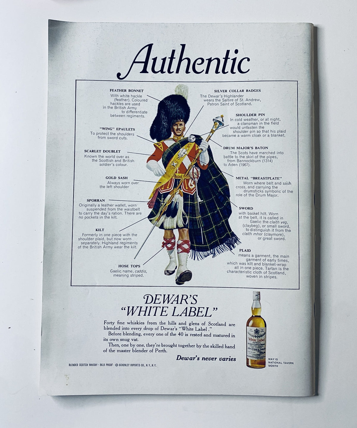 Advertisement page from The New Yorker Magazine May 31, 1969 featuring Dewar's White Label whiskey with an image of a Scottish bagpiper, styled in a historical context.