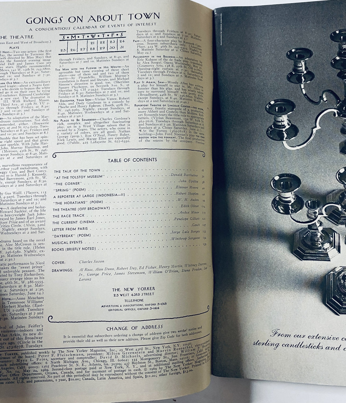 Interior view of The New Yorker Magazine May 24, 1969 featuring 'Goings On About Town' event calendar and Table of Contents.