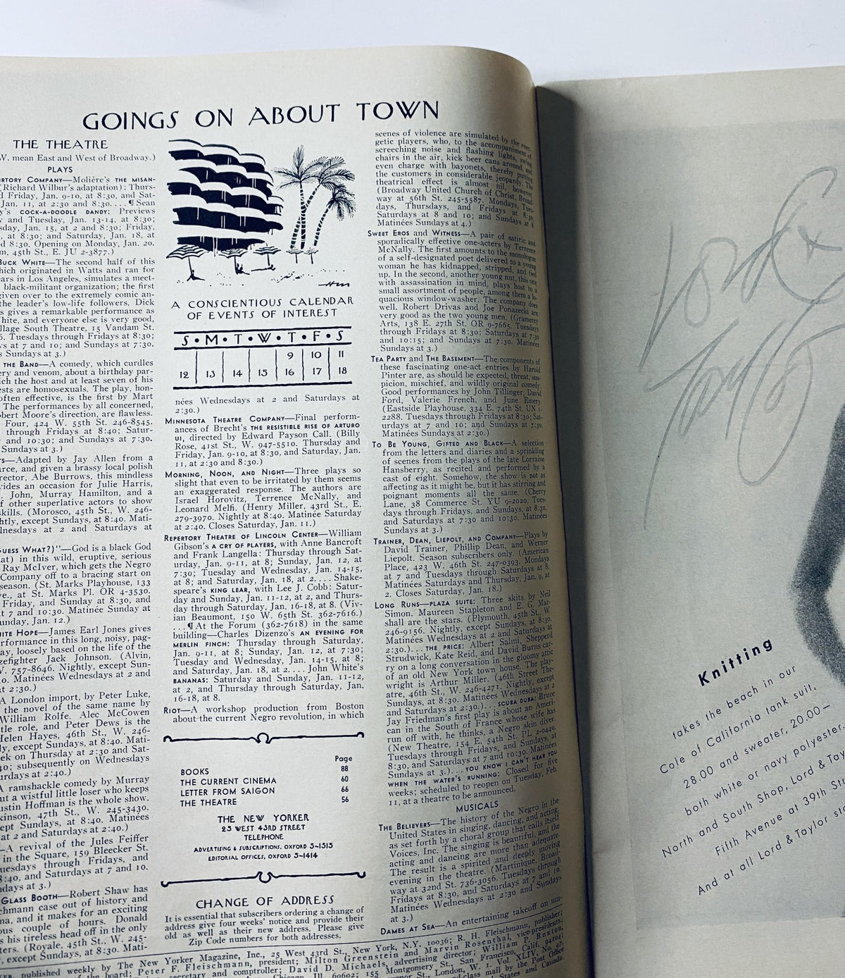 Inside page of The New Yorker Magazine January 11, 1969 featuring the 'Goings On About Town' section, displaying a calendar of events and listings related to theatre and cultural happenings.