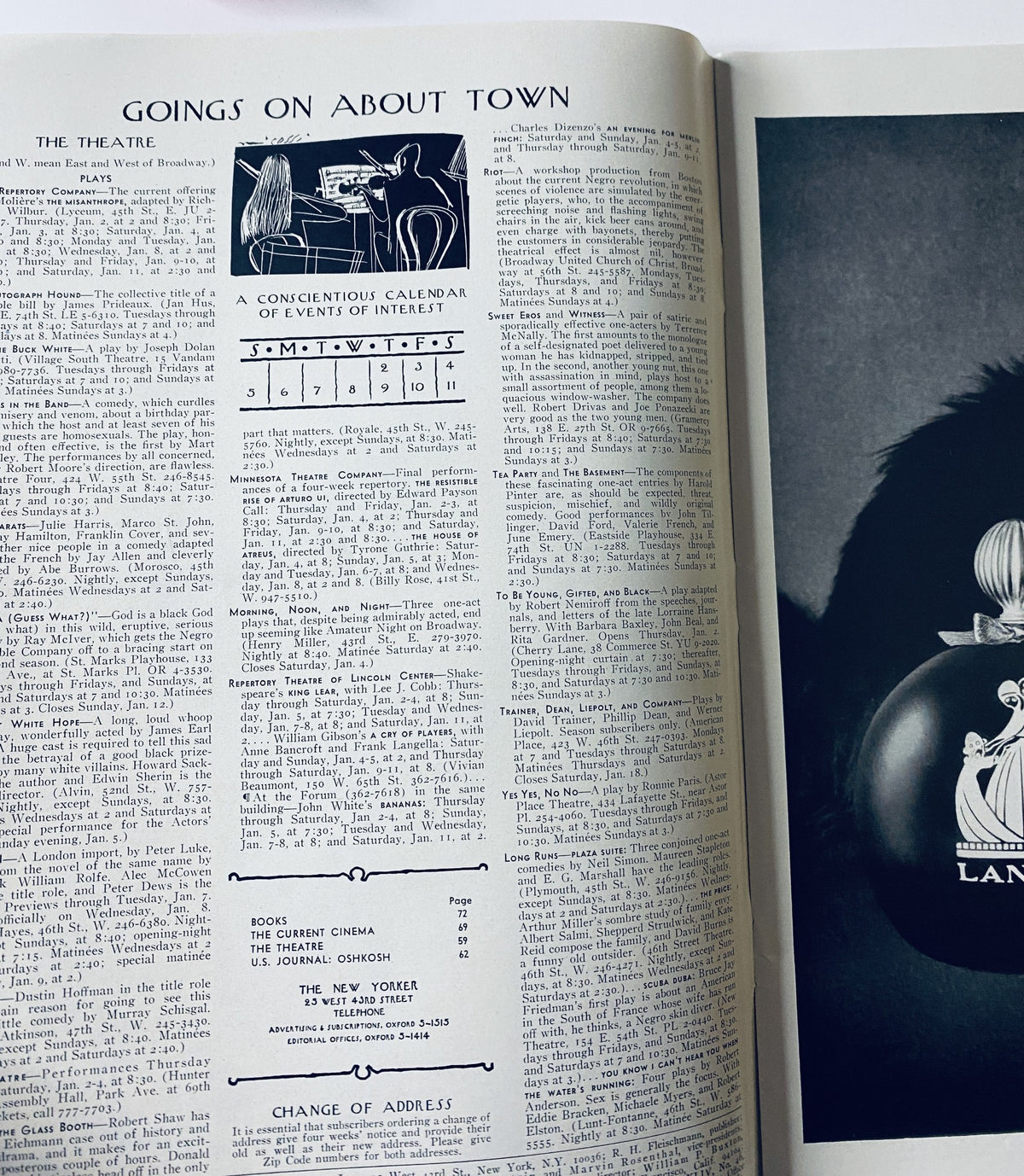 Inside page of The New Yorker Magazine January 4, 1969 displaying 'Goings On About Town' with a calendar of events and listings related to theatre and entertainment.