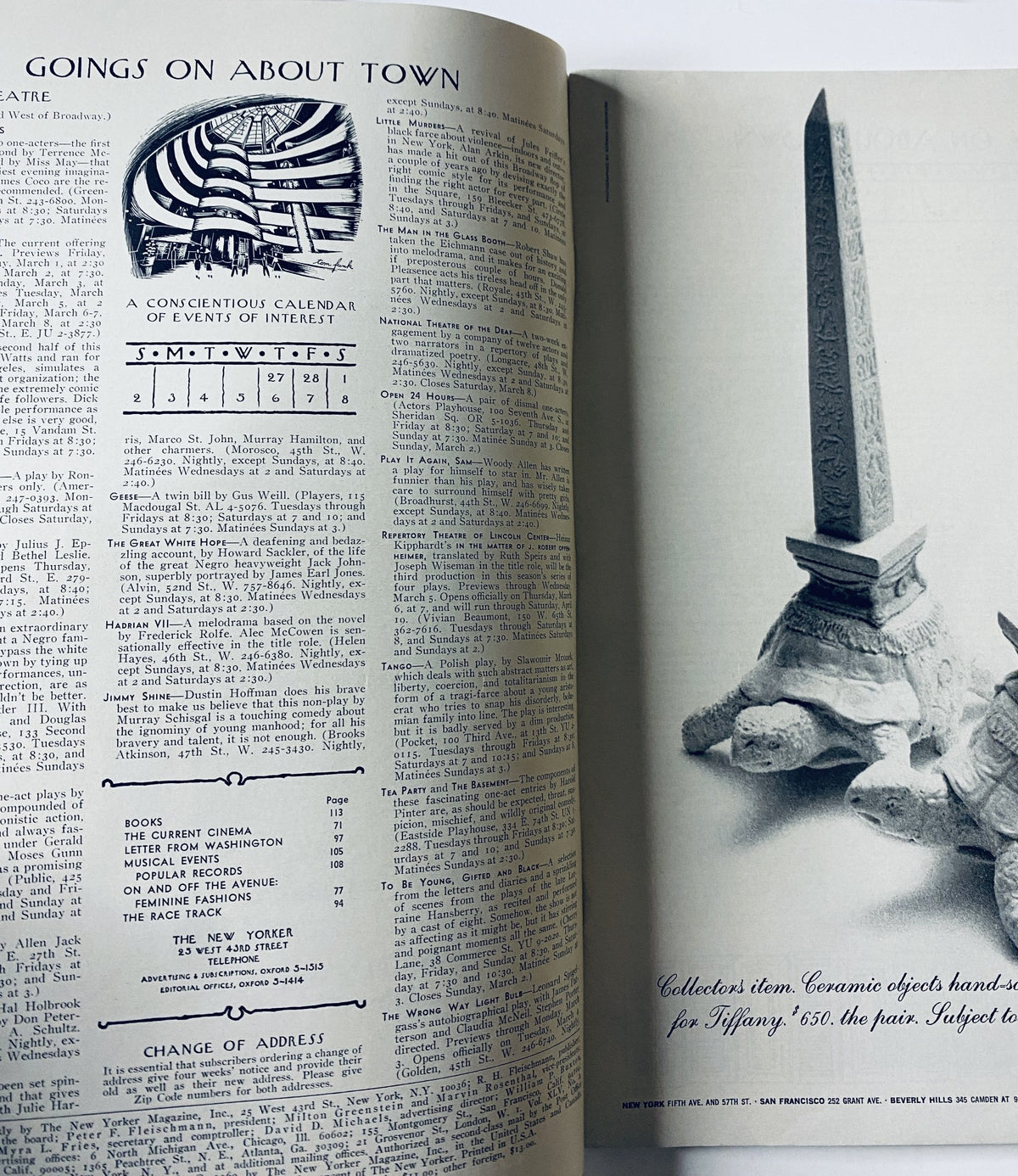Inside page of The New Yorker Magazine March 1, 1969, showcasing a calendar of events and a stylish decorative obelisk, reflecting the magazine's cultural insights and artistic designs.