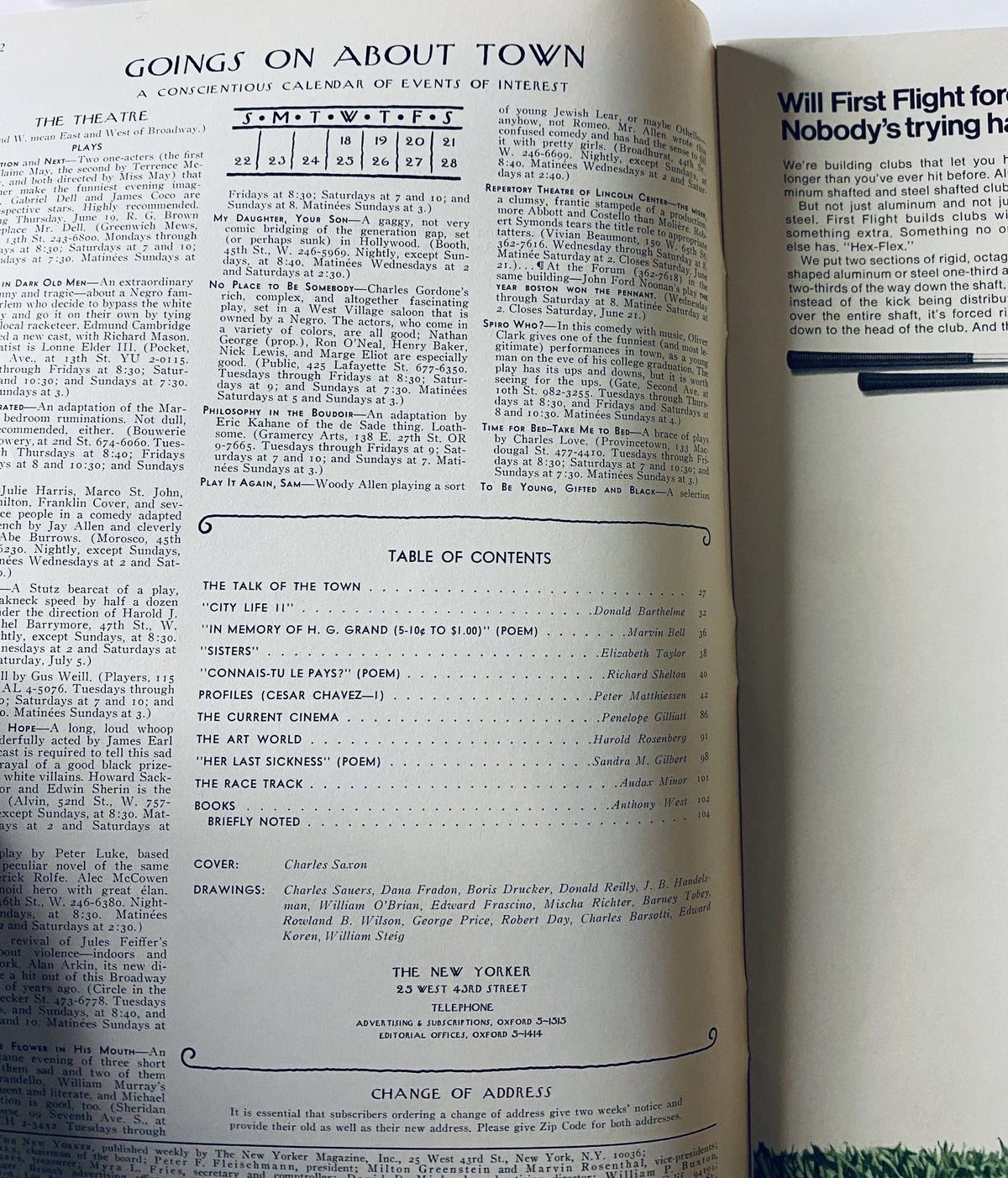 Inside page of The New Yorker Magazine June 21, 1969, showcasing 'Goings On About Town' and the Table of Contents, featuring various articles and illustrations.