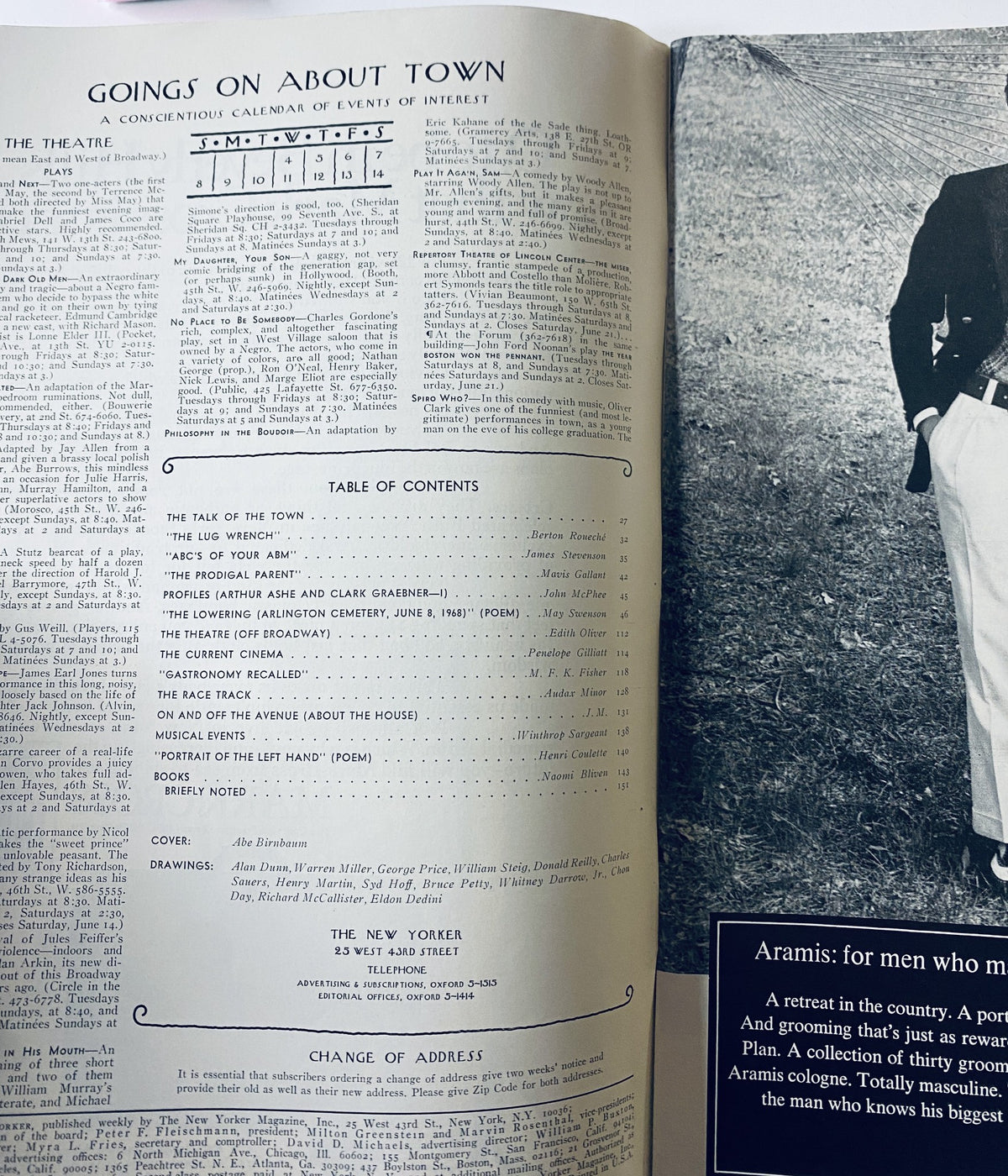 Inside page of The New Yorker Magazine June 7, 1969, displaying the Table of Contents and calendar of events, highlighting content including articles and poems.