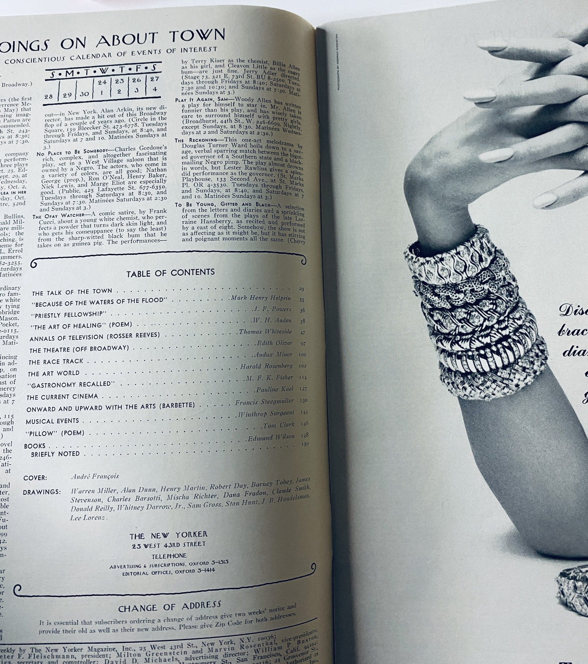 Interior page of The New Yorker Magazine September 27, 1969 displaying the Table of Contents, highlighting featured articles and notable contributors with stylish photography.