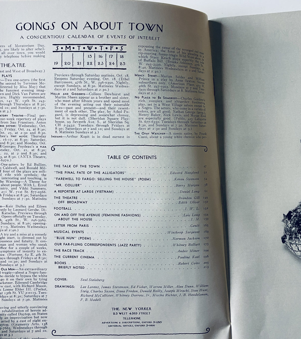 Goings on About Town section from The New Yorker Magazine October 18, 1969, including a calendar of events and the Table of Contents, presented in a clean, vintage layout.
