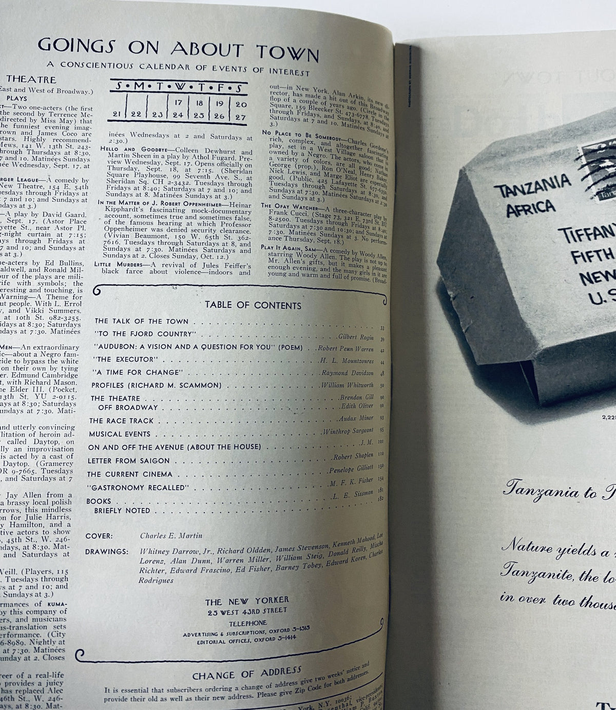 Inside page of The New Yorker Magazine September 20, 1969 displaying the 'Goings On About Town' section and the Table of Contents, highlighting its detailed calendar of events.