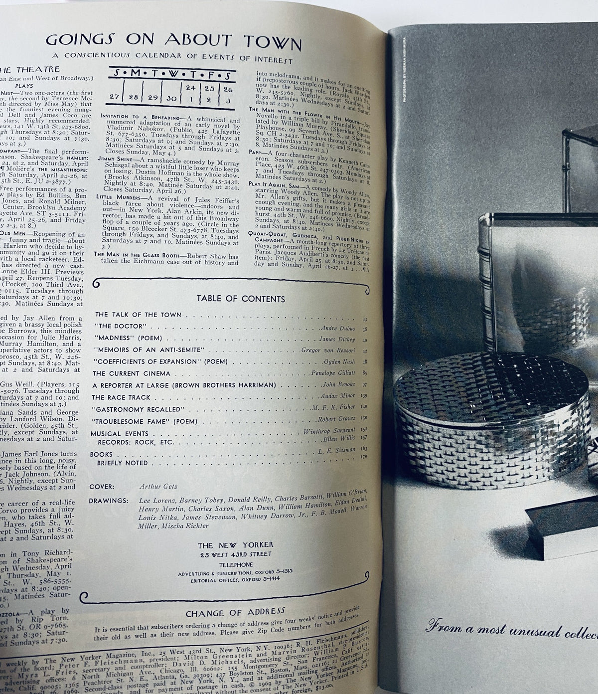 The New Yorker Magazine April 26, 1969 interior page showcasing the 'Goings On About Town' section and the Table of Contents.