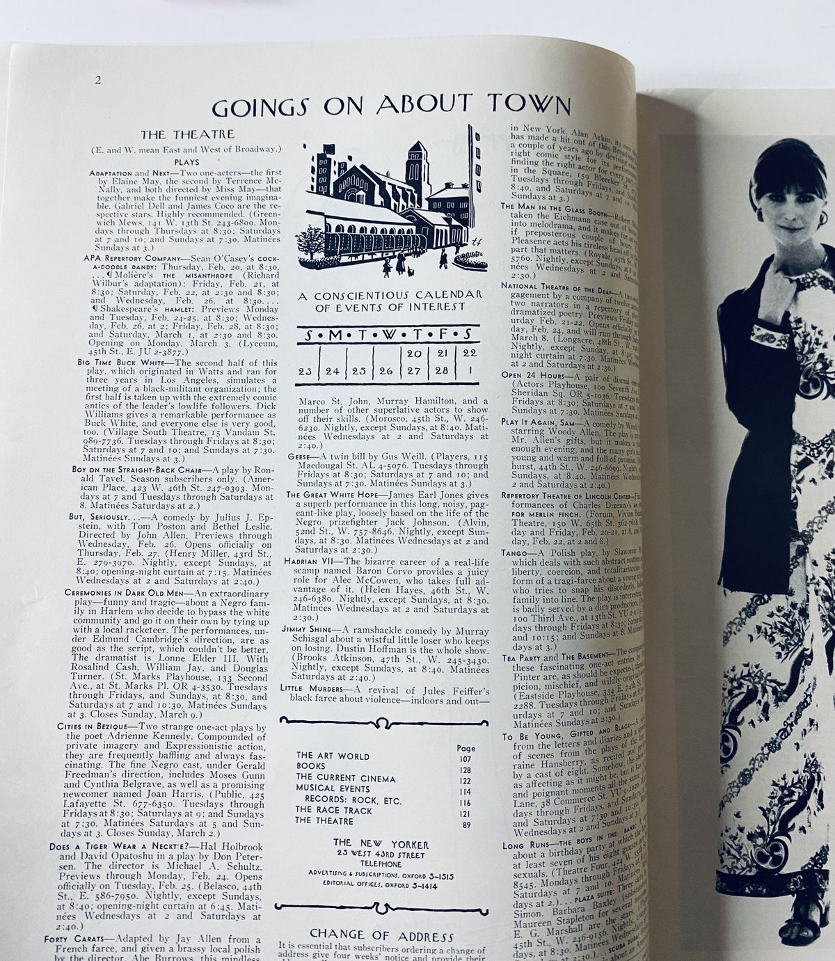 Inside page of The New Yorker Magazine, February 22, 1969, showcasing the 'Goings On About Town' section and the Theatre content details.