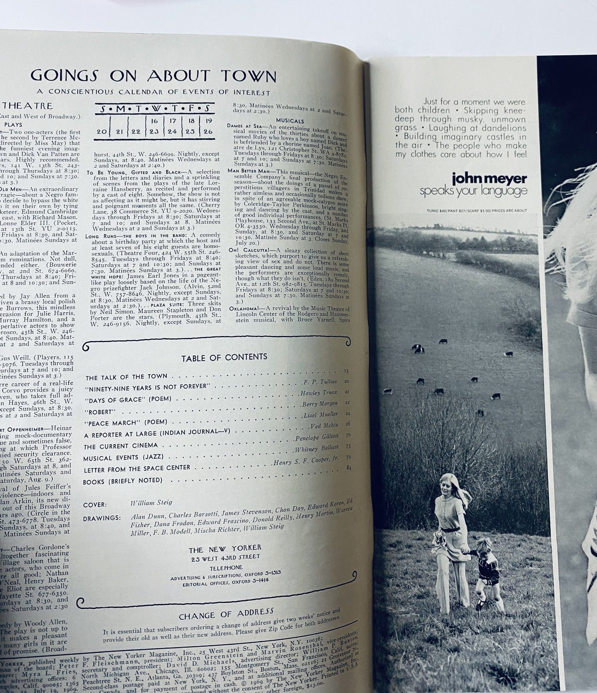Interior page of The New Yorker Magazine July 19, 1969, showcasing the 'Goings On About Town' section along with a table of contents including various articles and features of the issue.