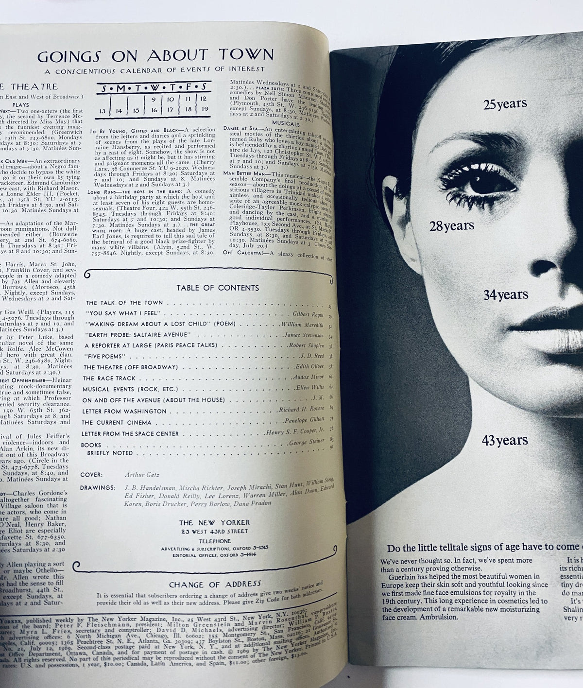 An interior view of The New Yorker magazine dated July 12, 1969, featuring a calendar of events and a portrait of a woman, highlighting the magazine's content and design by Arthur Getz, in very good condition.