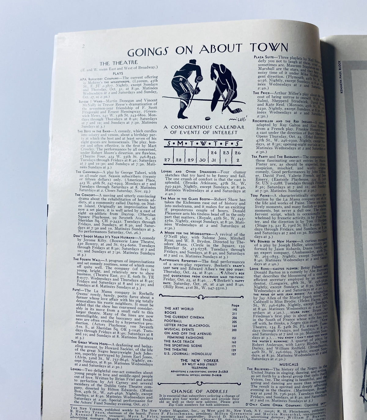 Interior page of The New Yorker Magazine October 26, 1968, showcasing the 'Goings On About Town' section with a calendar of events and theater listings.