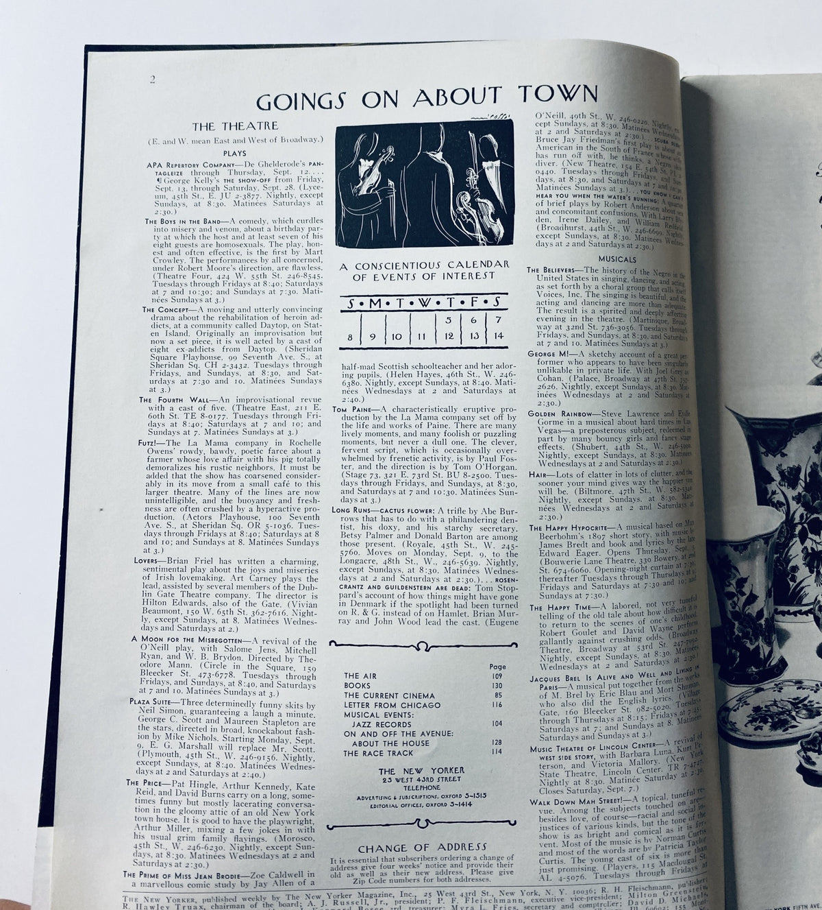 Inside page of The New Yorker Magazine from September 7, 1968, featuring a section titled 'Goings On About Town', highlighting theatrical events and a calendar of interest, associated with the issue's antiques cover by Charles Martin, available in very good condition.