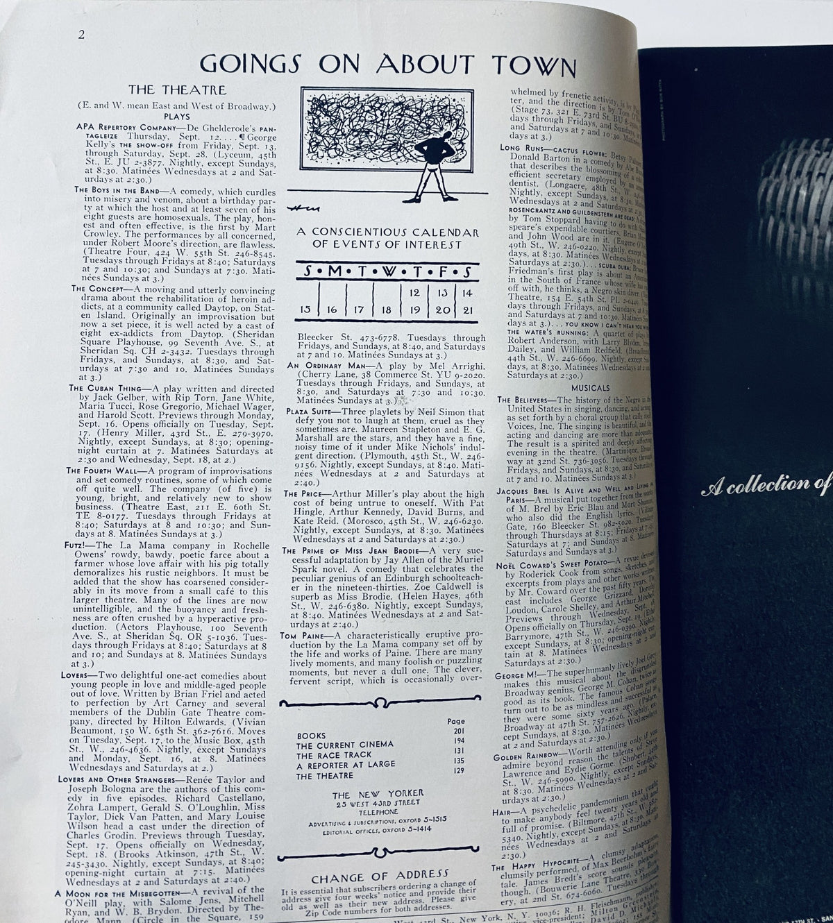 Inside page of The New Yorker Magazine September 14, 1968 displaying the Goings On About Town section, highlighting events and activities.