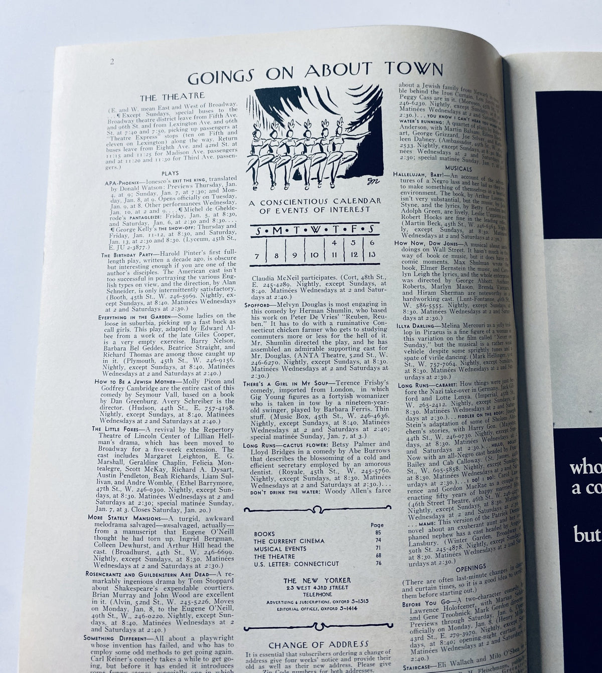 Page from The New Yorker Magazine January 6, 1968 featuring 'Goings On About Town' section with a calendar of events and theatre listings.