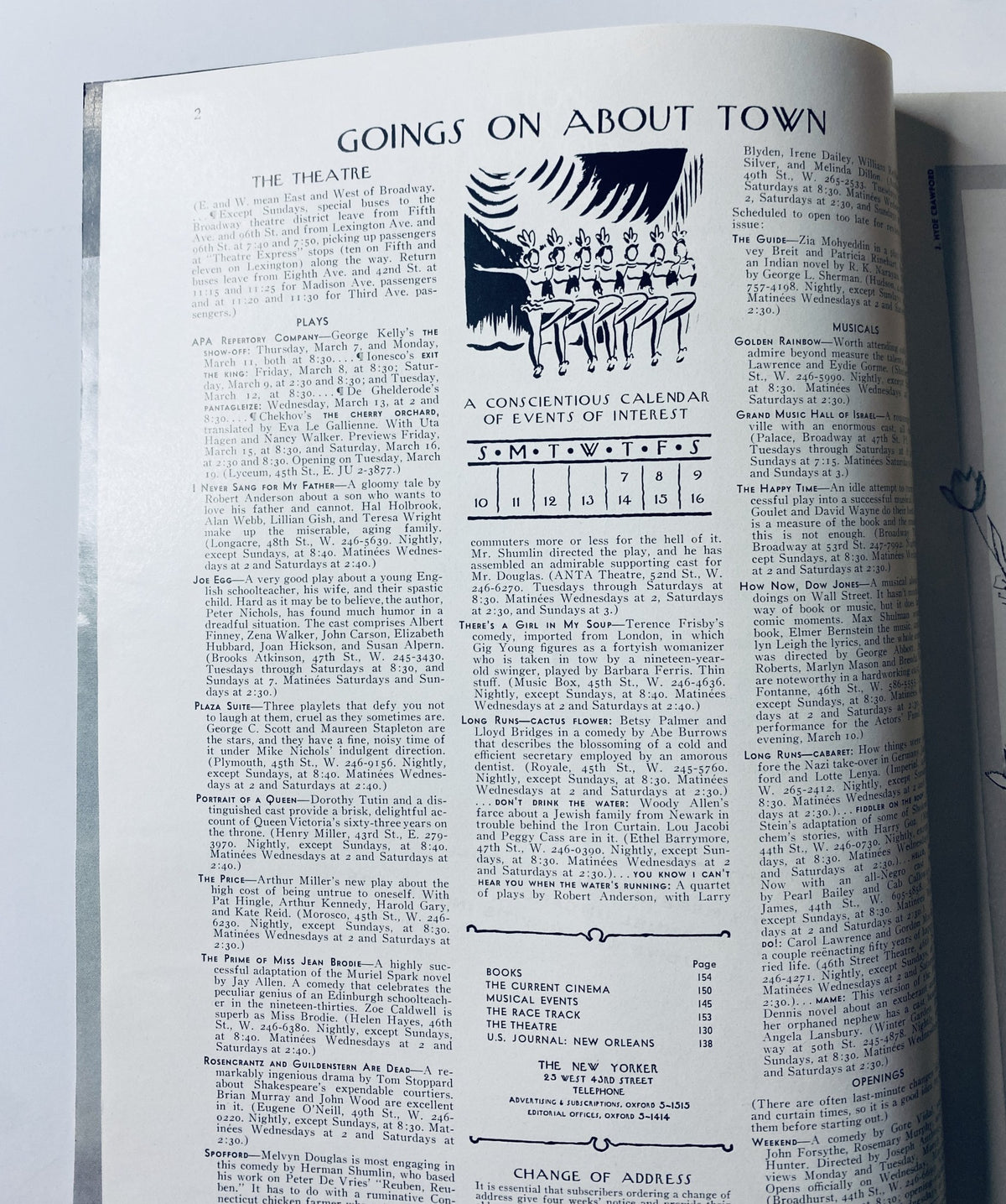 Interior page of The New Yorker Magazine March 9, 1968, displaying the 'Goings On About Town' section with listings for theatre plays and events.