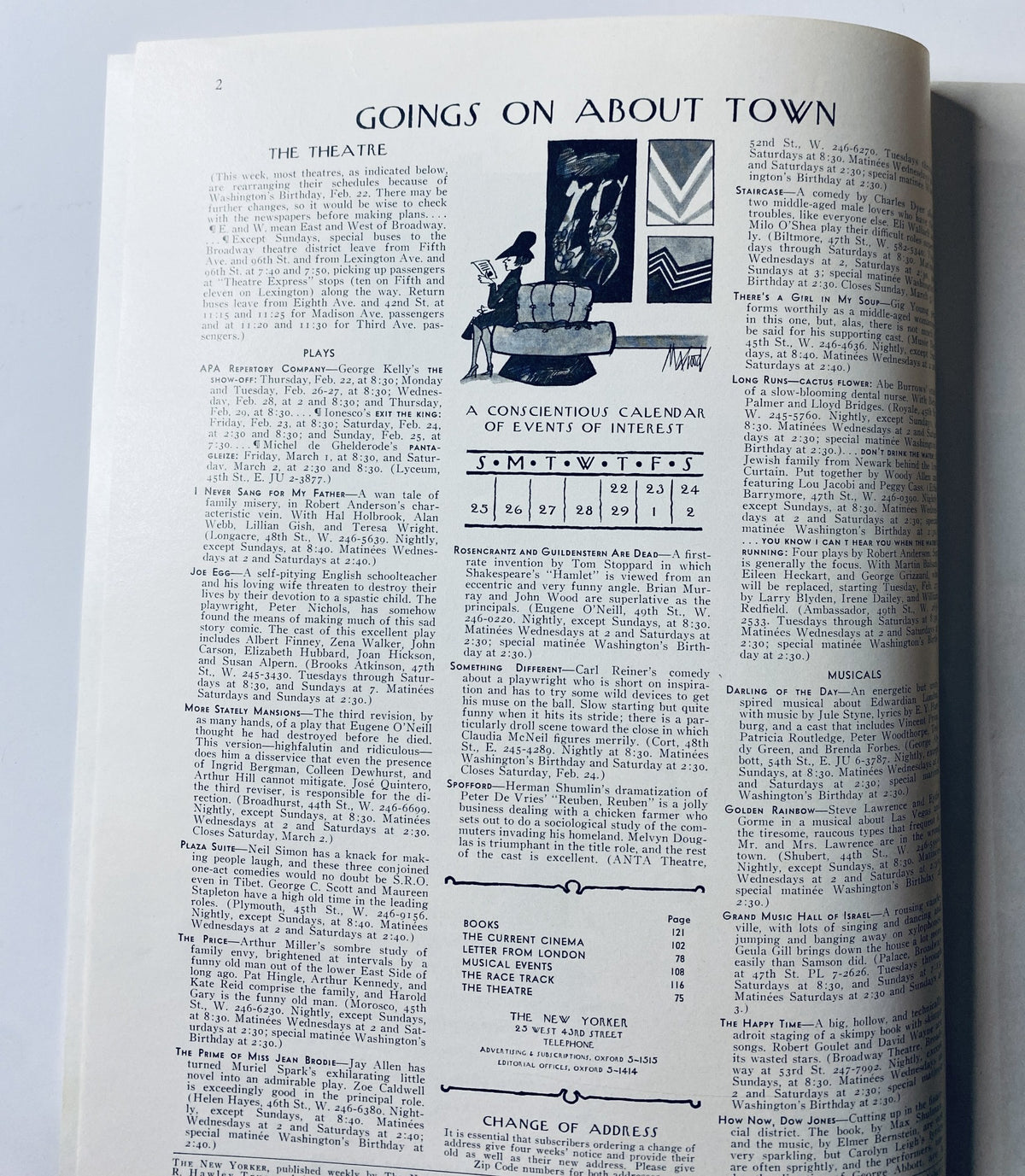 Interior page from The New Yorker Magazine February 24, 1968, detailing the 'Goings On About Town' section with illustrations and event listings, capturing the magazine's cultural insights.
