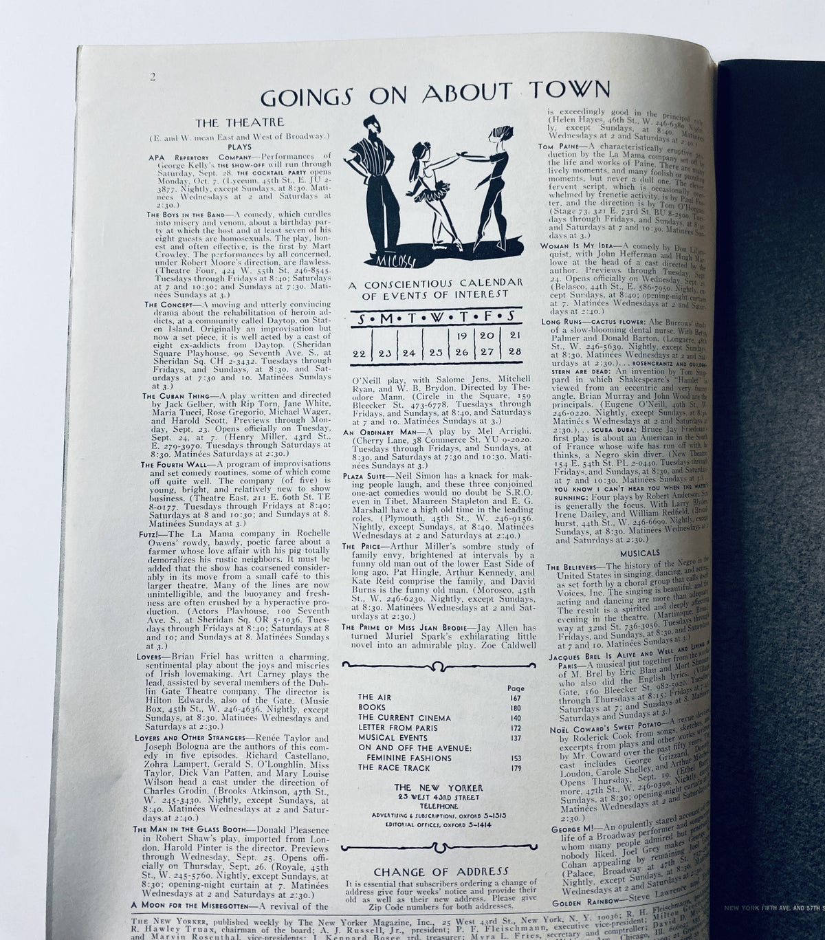 Inside page of The New Yorker Magazine September 21, 1968 displaying the 'Goings On About Town' section, highlighting various cultural events and activities.