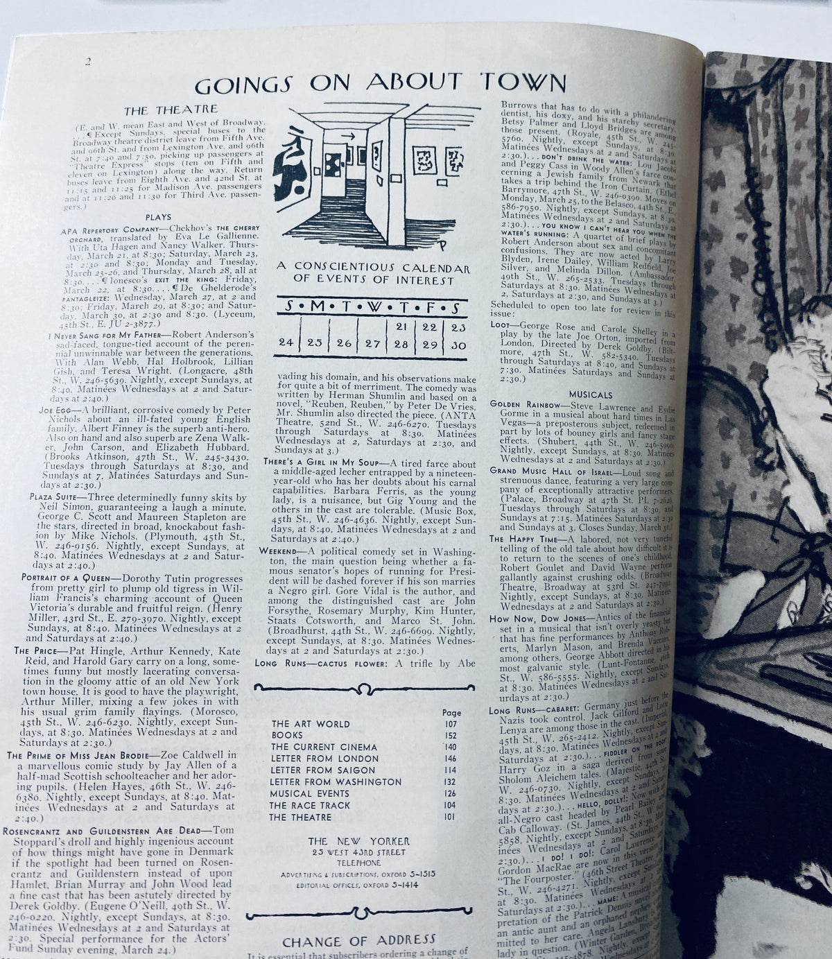 Interior page of The New Yorker Magazine March 23, 1968 showcasing the 'Goings On About Town' section, highlighting upcoming plays and cultural events.