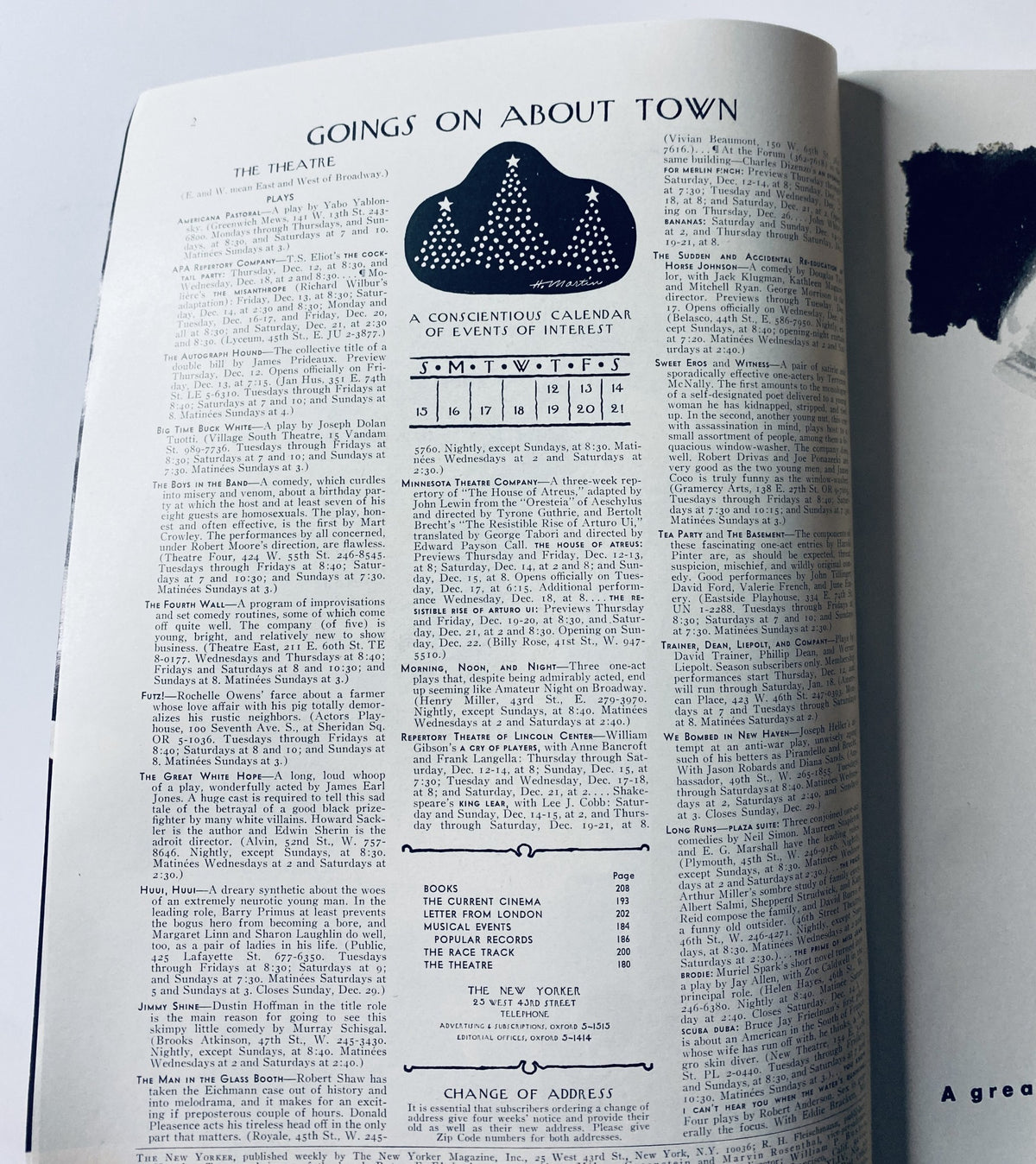 Interior page of The New Yorker Magazine December 14, 1968 showcasing the 'Goings On About Town' section, detailing theatrical events and a calendar of activities.