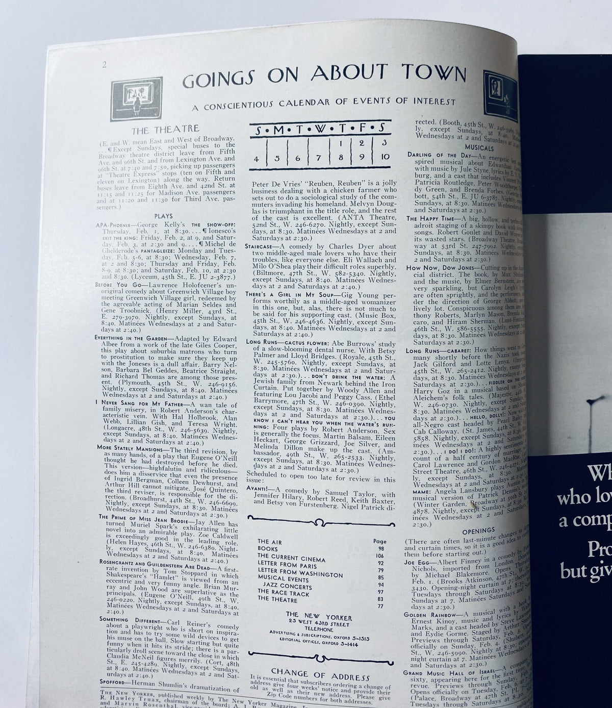 Goings on About Town section from The New Yorker Magazine February 3, 1968, featuring a calendar of events and theatre listings, published by Original Magazines.