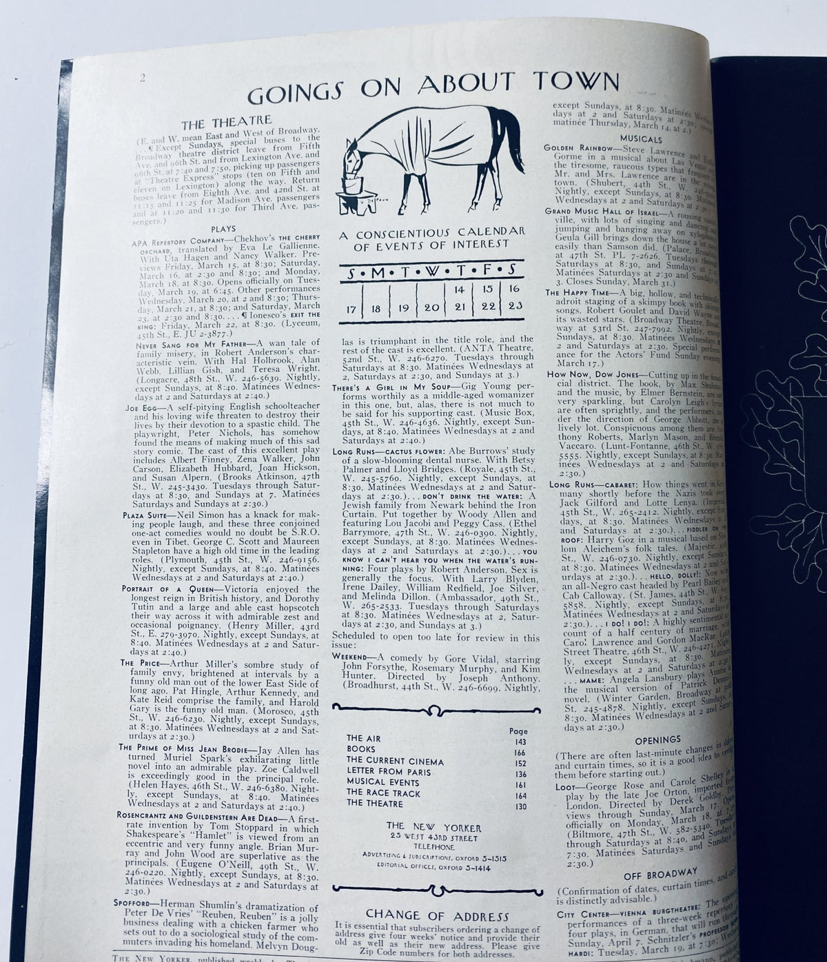 Interior page of The New Yorker Magazine March 16, 1968 displaying events and shows, including a conscientious calendar of events, featuring a horse illustration.