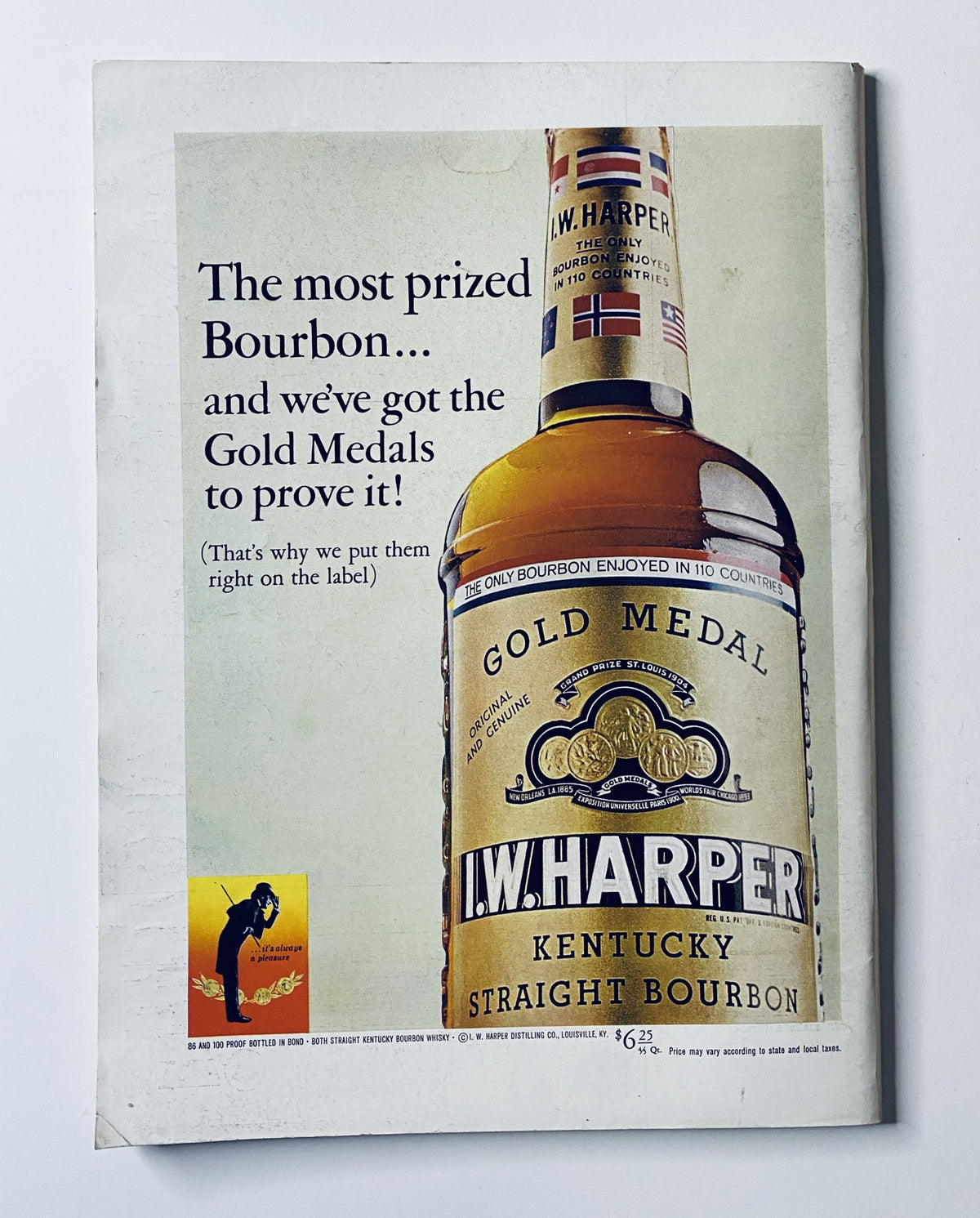 Back cover of The New Yorker Magazine March 16, 1968 advertising I.W. Harper Kentucky Straight Bourbon with a visual of a gold medal bourbon bottle.