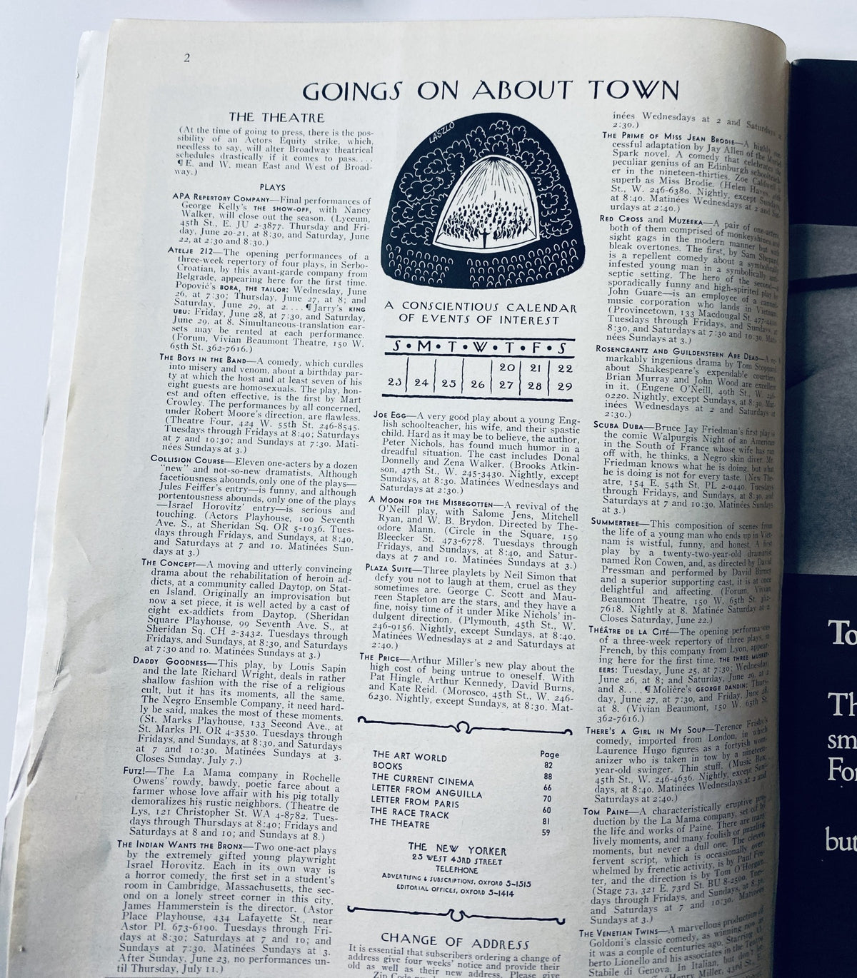 Inside page of The New Yorker Magazine June 22, 1968, listing events with a focus on cultural happenings in New York City.