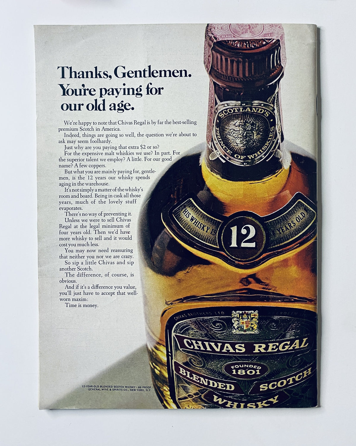Advertisement for Chivas Regal whisky in The New Yorker Magazine June 22, 1968, showcasing the brand's vintage bottle and a humorous message about its value.