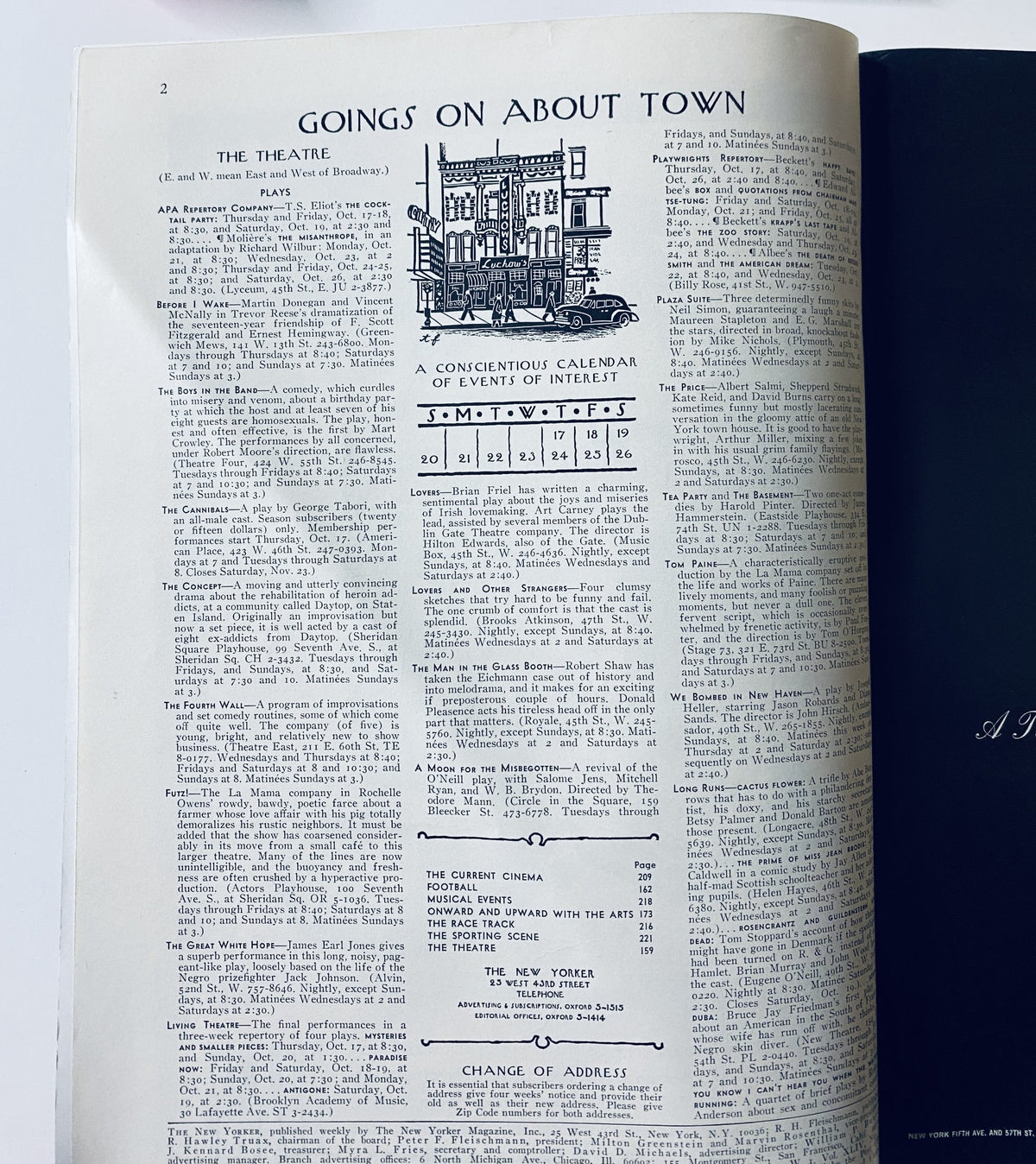 Interior page of The New Yorker Magazine featuring the 'Goings On About Town' section with a calendar of events and listings for theatre performances.