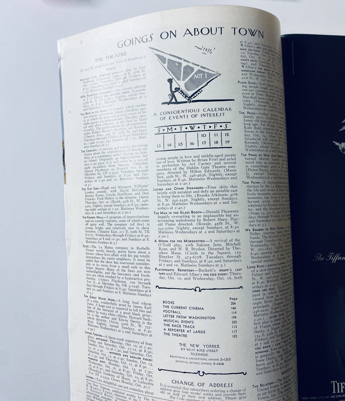Inside page of The New Yorker Magazine from October 12, 1968 showing the 'Goings On About Town' section with event listings.
