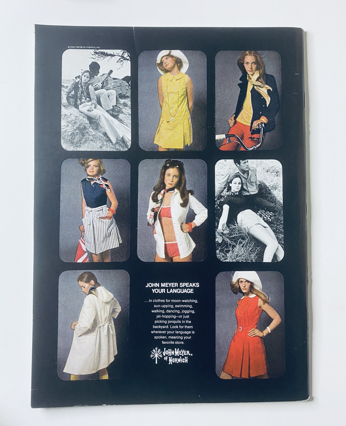Back cover of The New Yorker Magazine February 15, 1969 displaying a fashion advertisement for John Meyer with multiple models showcasing spring clothing styles. The ad emphasizes the brand's appeal to fashion-forward individuals.