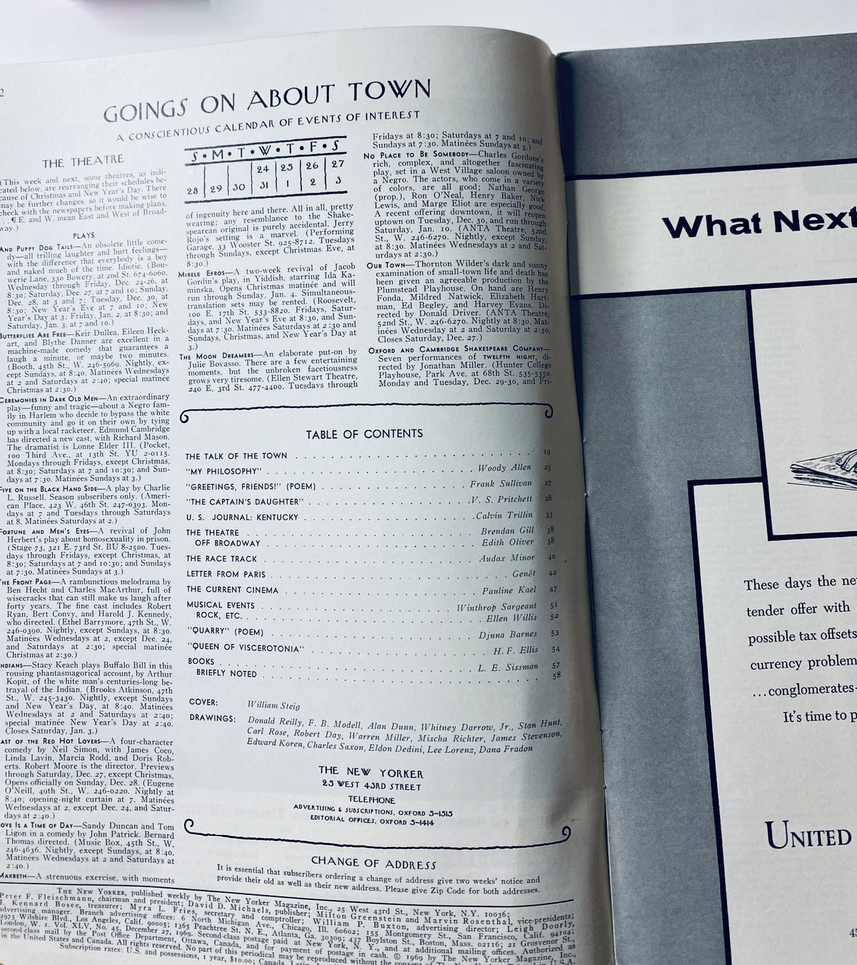 An interior page from The New Yorker Magazine December 27, 1969 including the Table of Contents and events calendar.